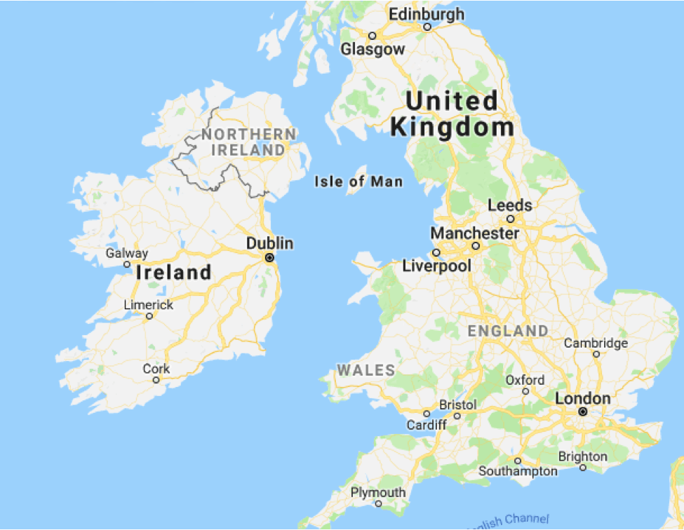 Map of Ireland, North Ireland and United Kingdom.