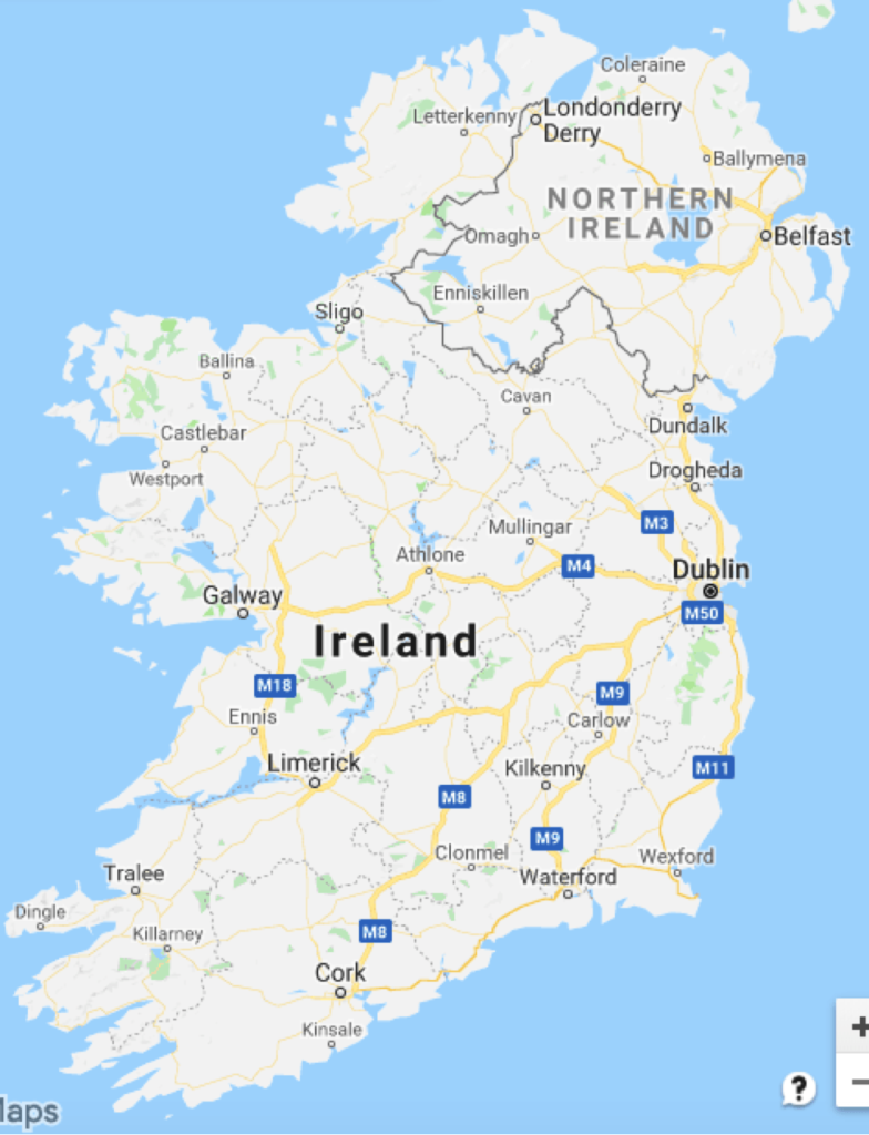 Map of Ireland showing roadways.