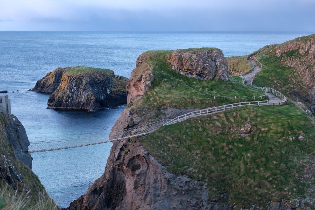 rope bridge high above the ocean.  Carrick-a-rede rope bridge, Ireland