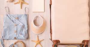 15 Amazing Travel Essentials for Women: suitcase, visor, starfish, shirt