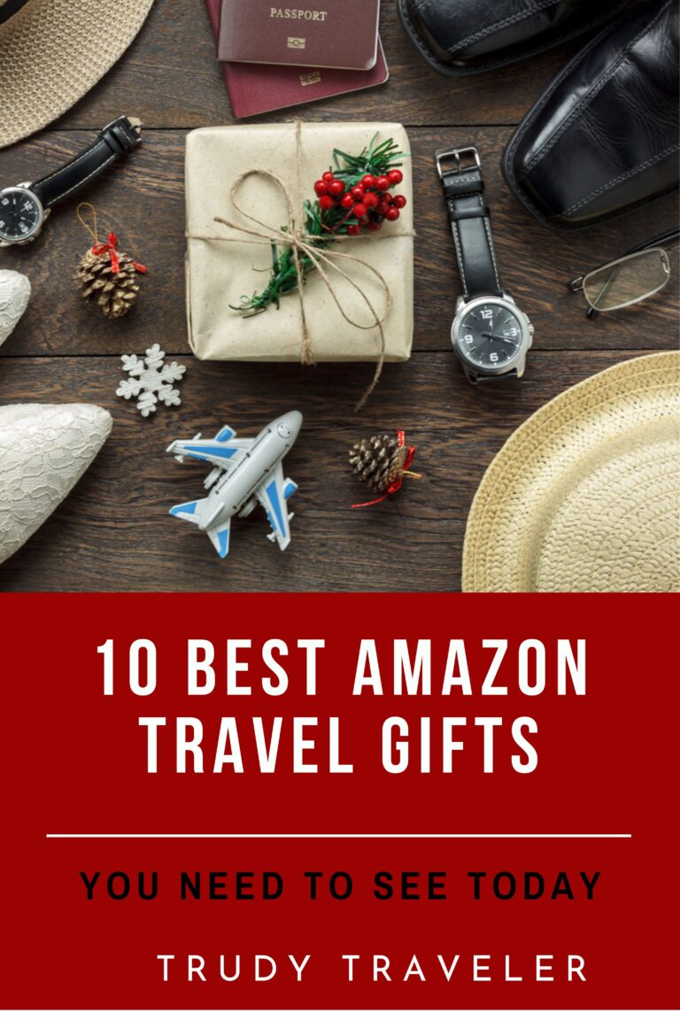 10 Best Amazon Travel Gifts, gift wrapped in cream paper, toy plane, lace high heels,watches, hats, shoes and glasses on a wood surface