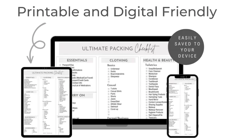 ultimate vacation packing list: - checklist on laptop, tablet and phone