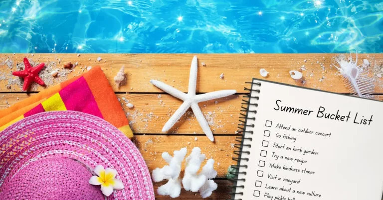 SUMMER BUCKET LIST IDEAS - HAT, SHELLS, AND SUMMER BUCKET LIST NEXT TO A POOL